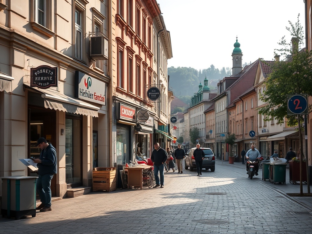 Ilustracja przedstawiająca zieloną, nowoczesną Nową Hutę jako przykład adaptacji do zmian klimatu dzięki wsparciu UE.