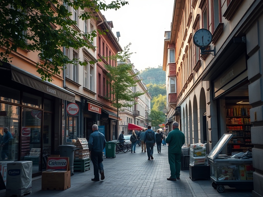 Ilustracja przedstawiająca zieloną przestrzeń miejską w Nowej Hucie z elementami nowoczesnej infrastruktury przyjaznej środowisku, symbolizującą wsparcie UE na walkę ze zmianami klimatu.