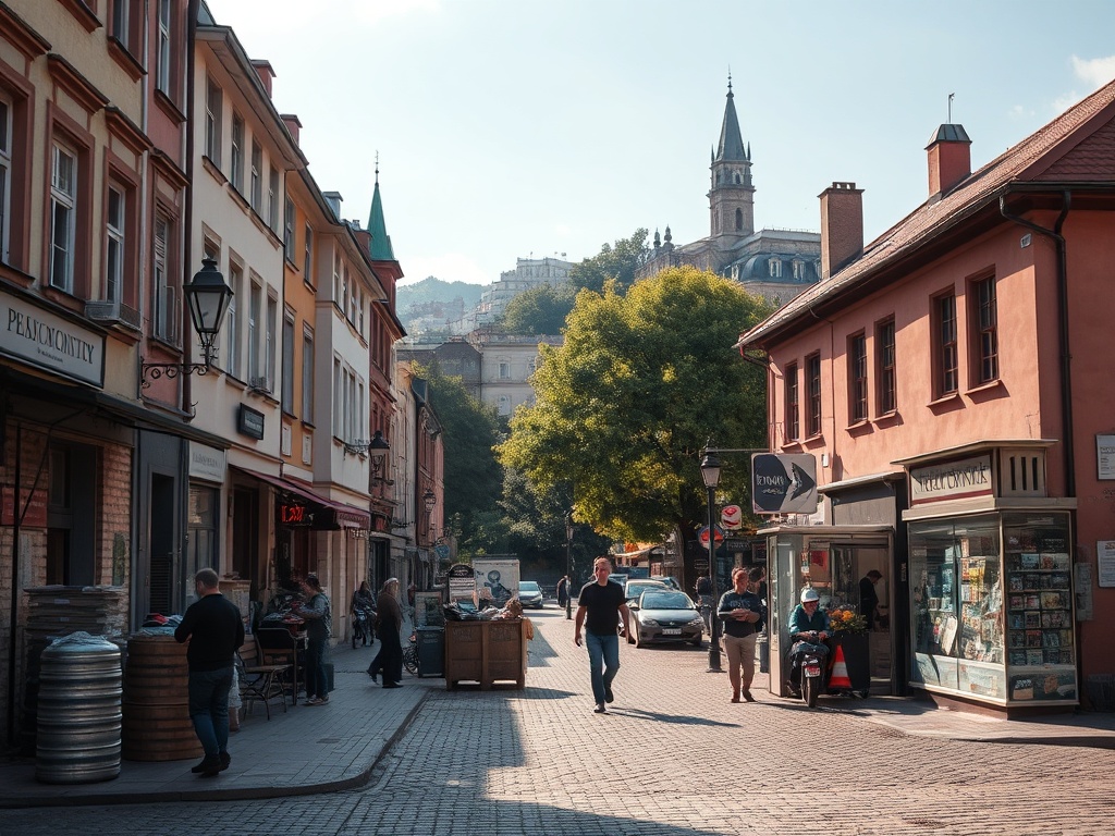 Ilustracja graficzna przedstawiająca zieloną przestrzeń miejską w Nowej Hucie jako symbol unijnego wsparcia na rzecz zmian klimatu.