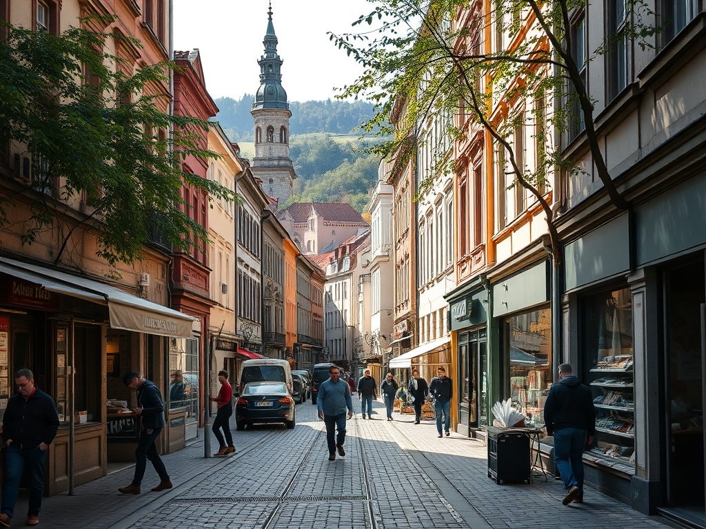 Ilustracja przedstawiająca nowoczesną, zieloną infrastrukturę w Nowej Hucie, symbolizującą wsparcie UE na ochronę przed zmianami klimatu.