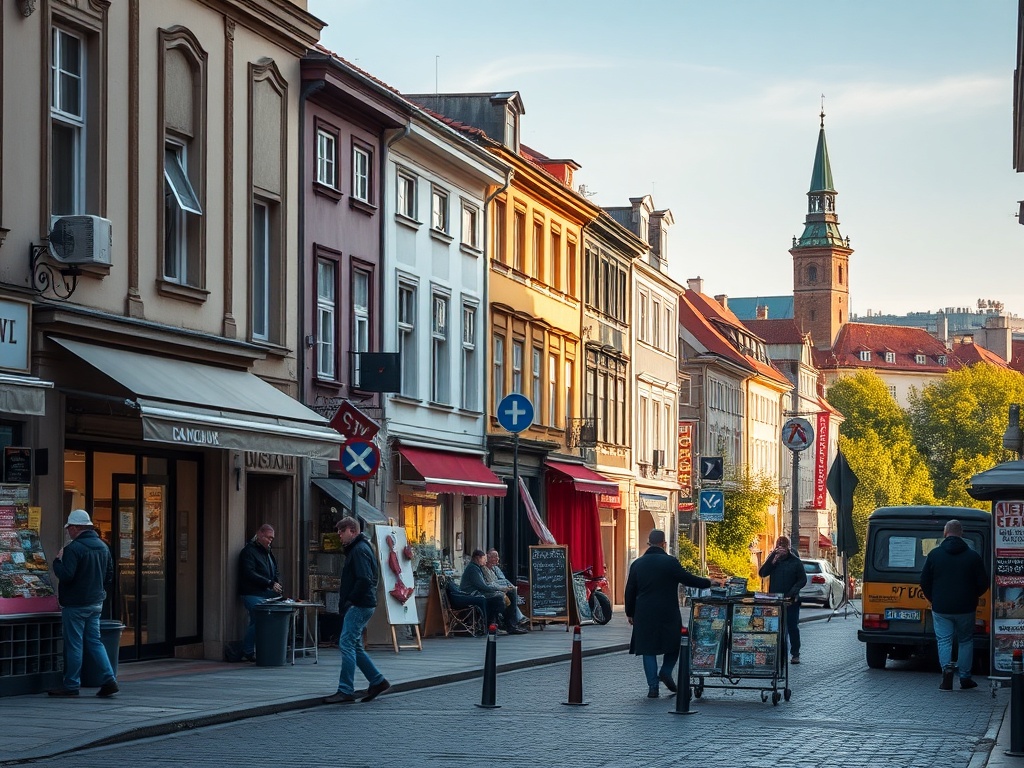 Grafika symbolizująca rozwój kulturalny i architektoniczny miasta Kraków, z widocznym elementem nawiązującym do "Kwartału Kultury na Wesołej" i logo Funduszy Europejskich.