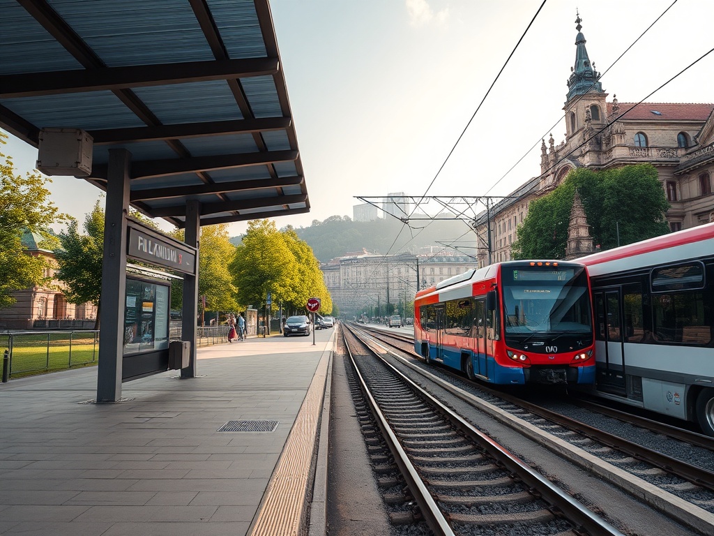 Ilustracja przedstawiająca krakowski tramwaj na tle nowoczesnej, odnowionej przestrzeni miejskiej, symbolizująca zmiany w transporcie i metamorfozę miasta.