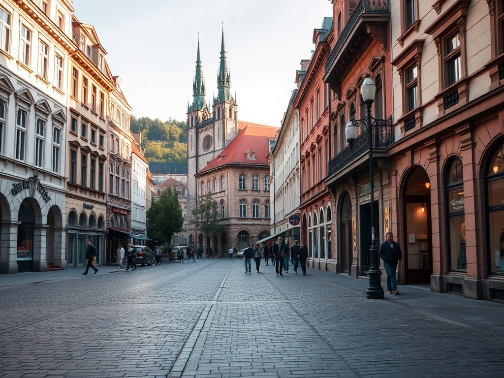 Ilustracja przedstawiająca symbole Krakowa: stadion Wieczystej, Kopiec Wandy oraz budynek Akademii Muzycznej.
