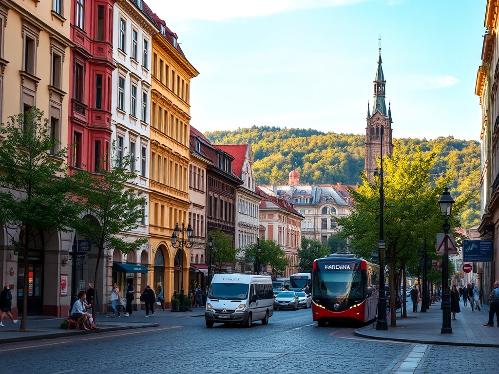 Ilustracja symbolizująca rozwój Krakowa: nowoczesny tramwaj obok nowej szkoły.