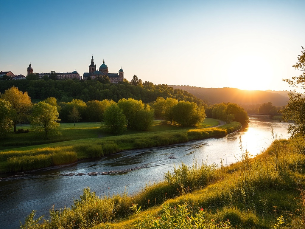 Zazieleniony krakowski skwer z ławkami i drzewami, symbolizujący zielone inwestycje miasta