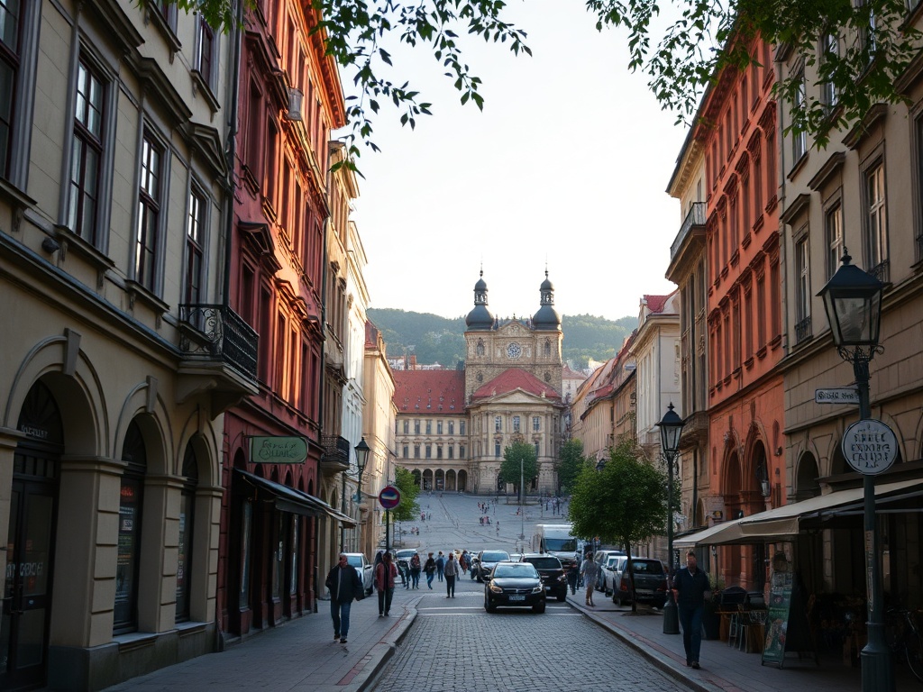 Ilustracja przedstawiająca ludzi korzystających z atrakcji w nowej strefie relaksu w Krakowie, w tym jazdy na wrotkach i jedzenia z foodtrucków.