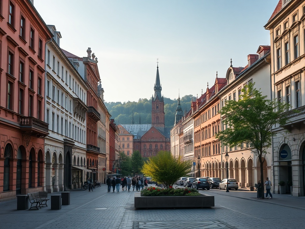 Ilustracja symbolizująca Kraków – połączenie polityki i transportu, z elementami obwarzanka i samolotu.