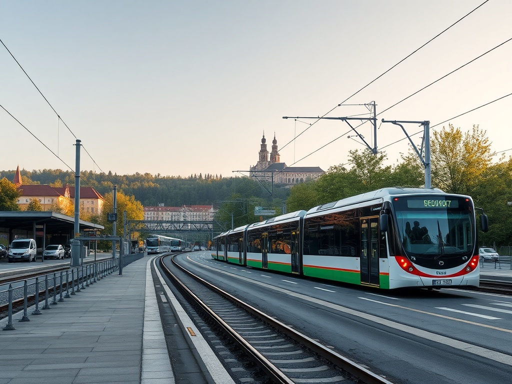 Autobus komunikacji miejskiej na tle zieleni, symbolizujący dostęp do linii rekreacyjnych w Krakowie