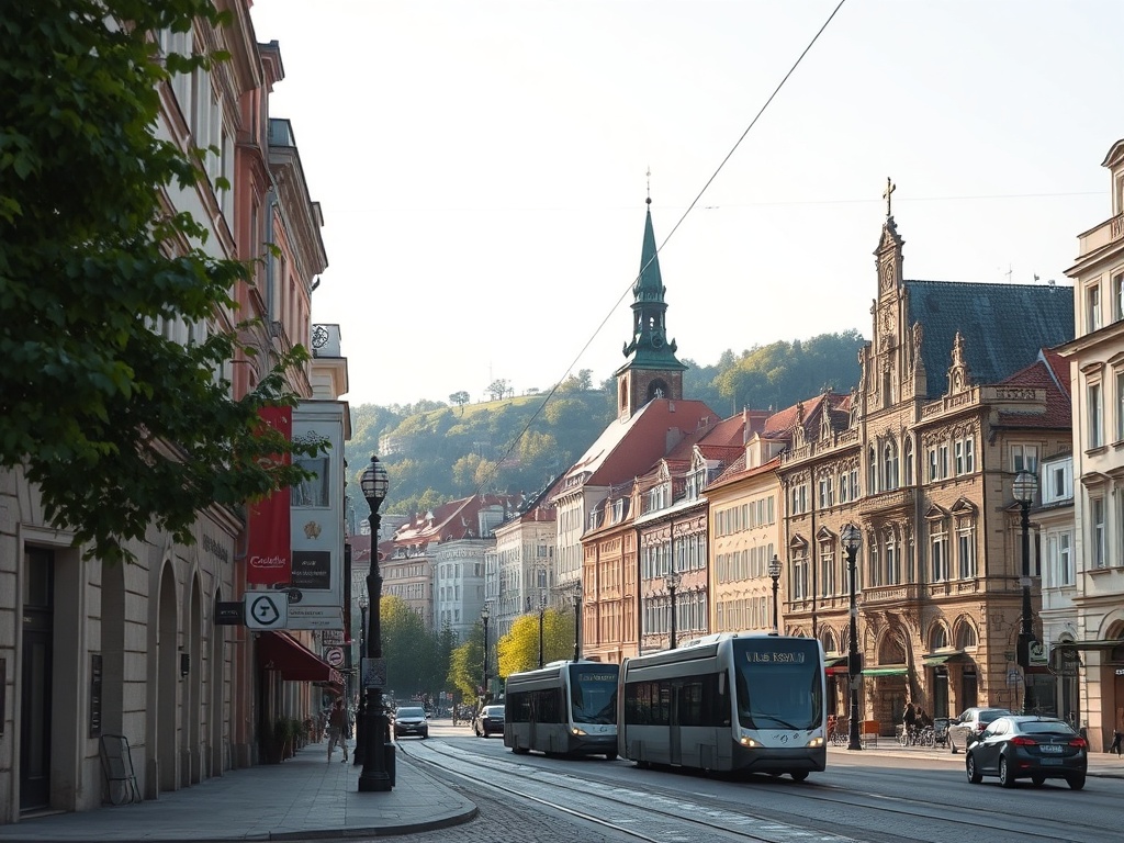 Ilustracja przedstawiająca tramwaj w ruchu, fragment muralu i studentów podczas święta, symbolizująca rozwój Krakowa.